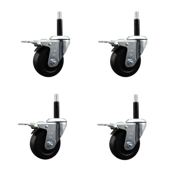3.5'' Hard Rubber Swivel 3/4'' Expanding Stem Caster Set Total Lock Brake, 4PK